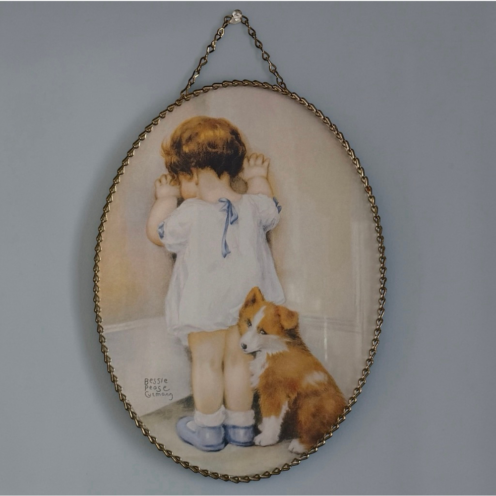 Vintage Nursery Wall Art Bessie Pease Gutmann Girl Dog Oval Plaque